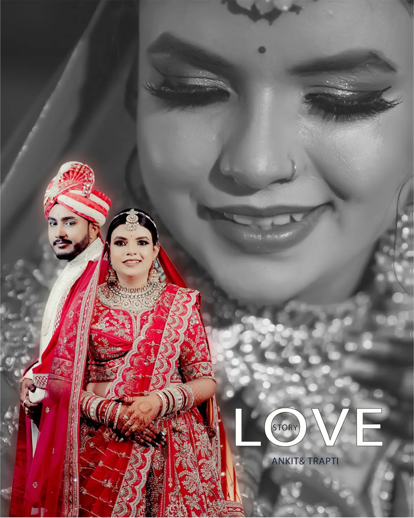Bride and groom in red traditional attire with an artistic black-and-white backdrop