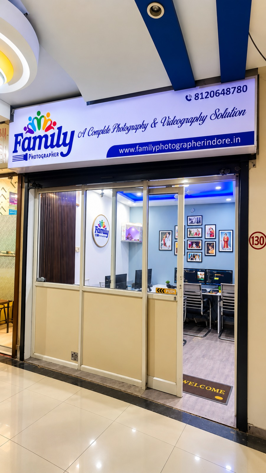 Family Photographer storefront with signage at Prime Trade Centre, Indore
